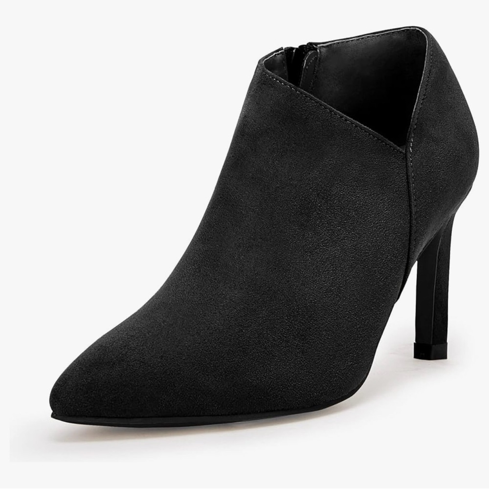 Coutgo Womens Pointed Toe V Cut Ankle Boots Kitten Heel Side Zip Office Booties